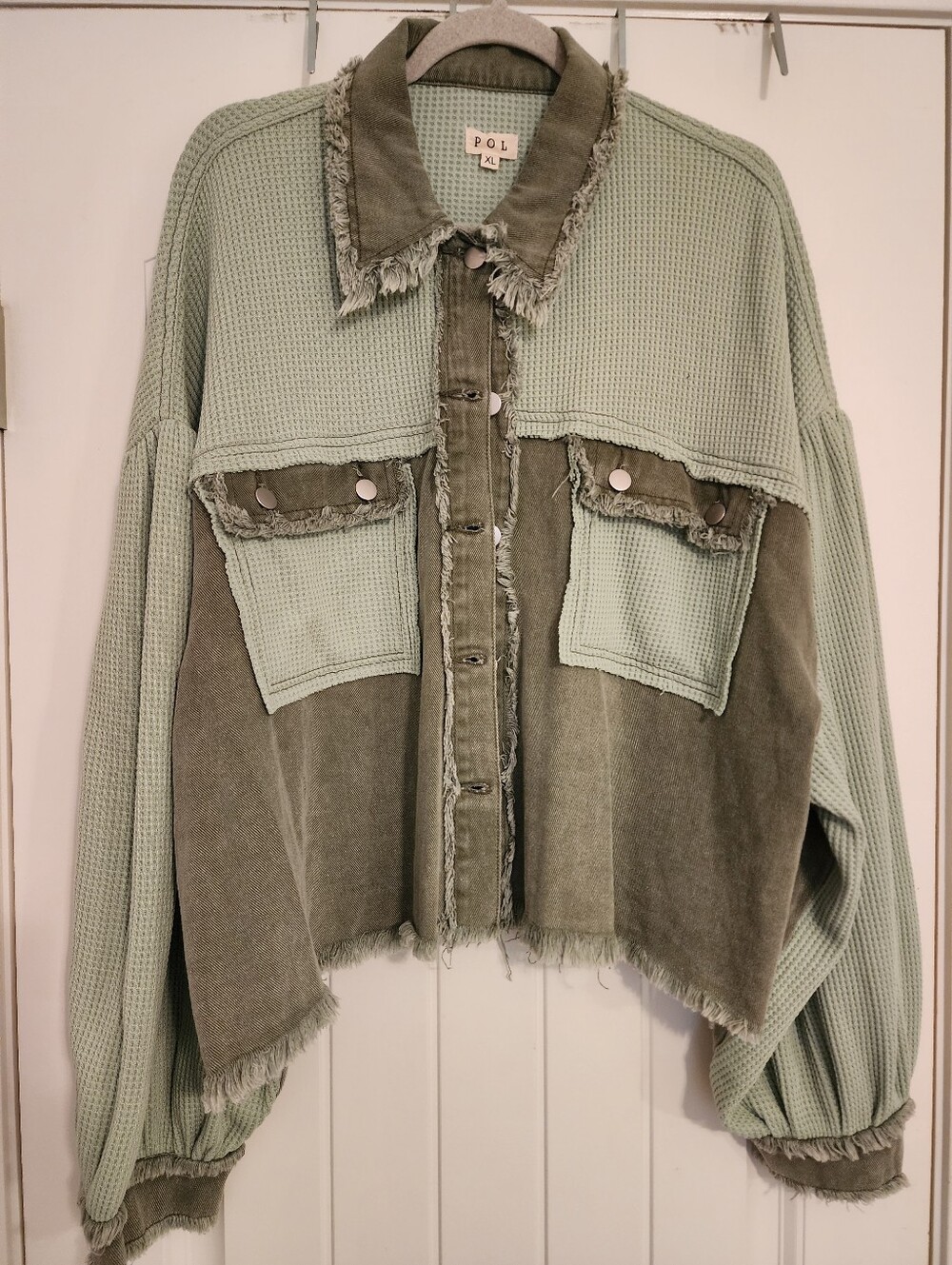 POL XL Two-Tone Green Knit & Denim Jean Jacket Extra Full Sleeves Oversized